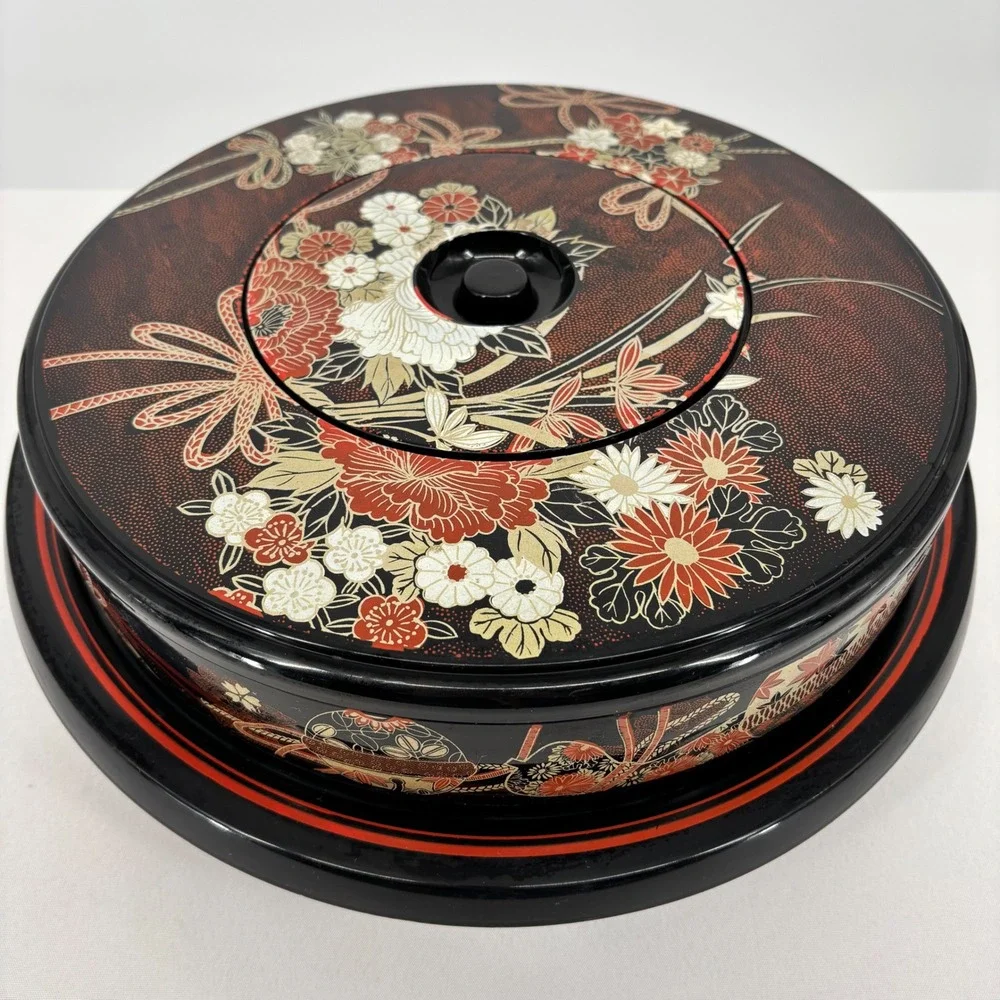 Japanese Lacquerware Style Round Divided Serving Tray Lidded Floral Black Red